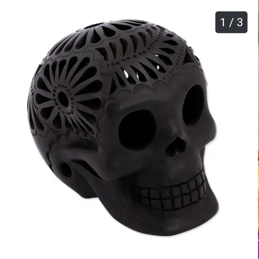 Novica Oaxacan Black Clay Floral Offering Calavera